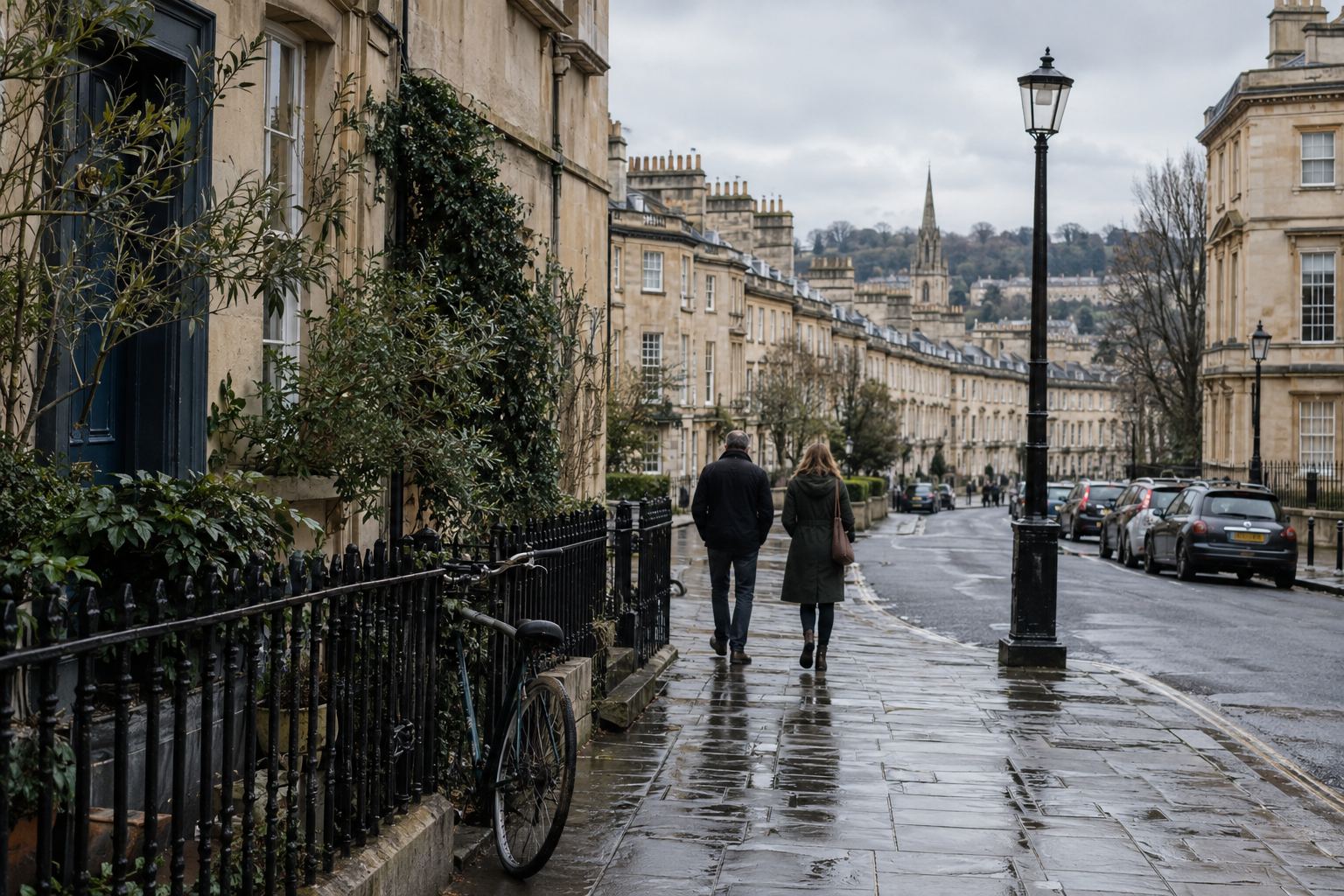 A Georgian terraced street in the rain with two people walking