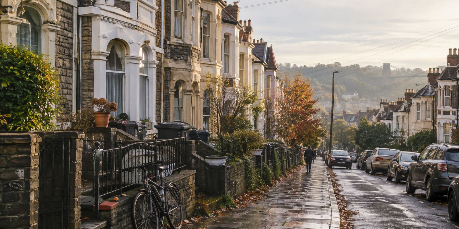 A terraced residential street with bay windows and front gardens on an autumn afternoon