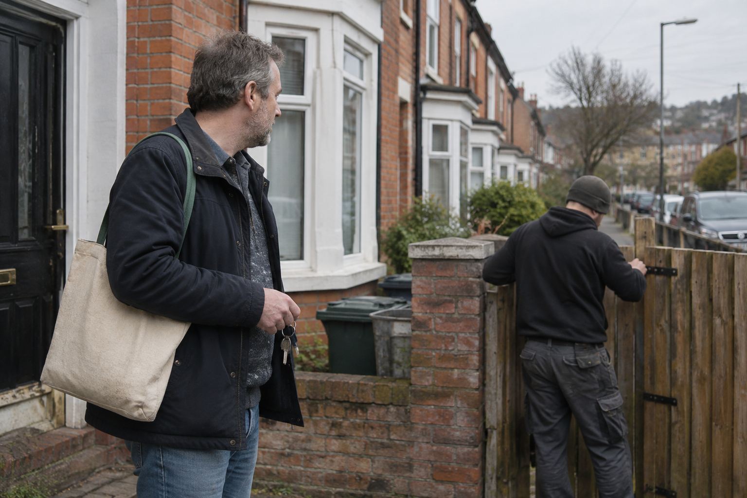 A man holding keys outside a red-brick terraced house while a tradesperson works on the gate