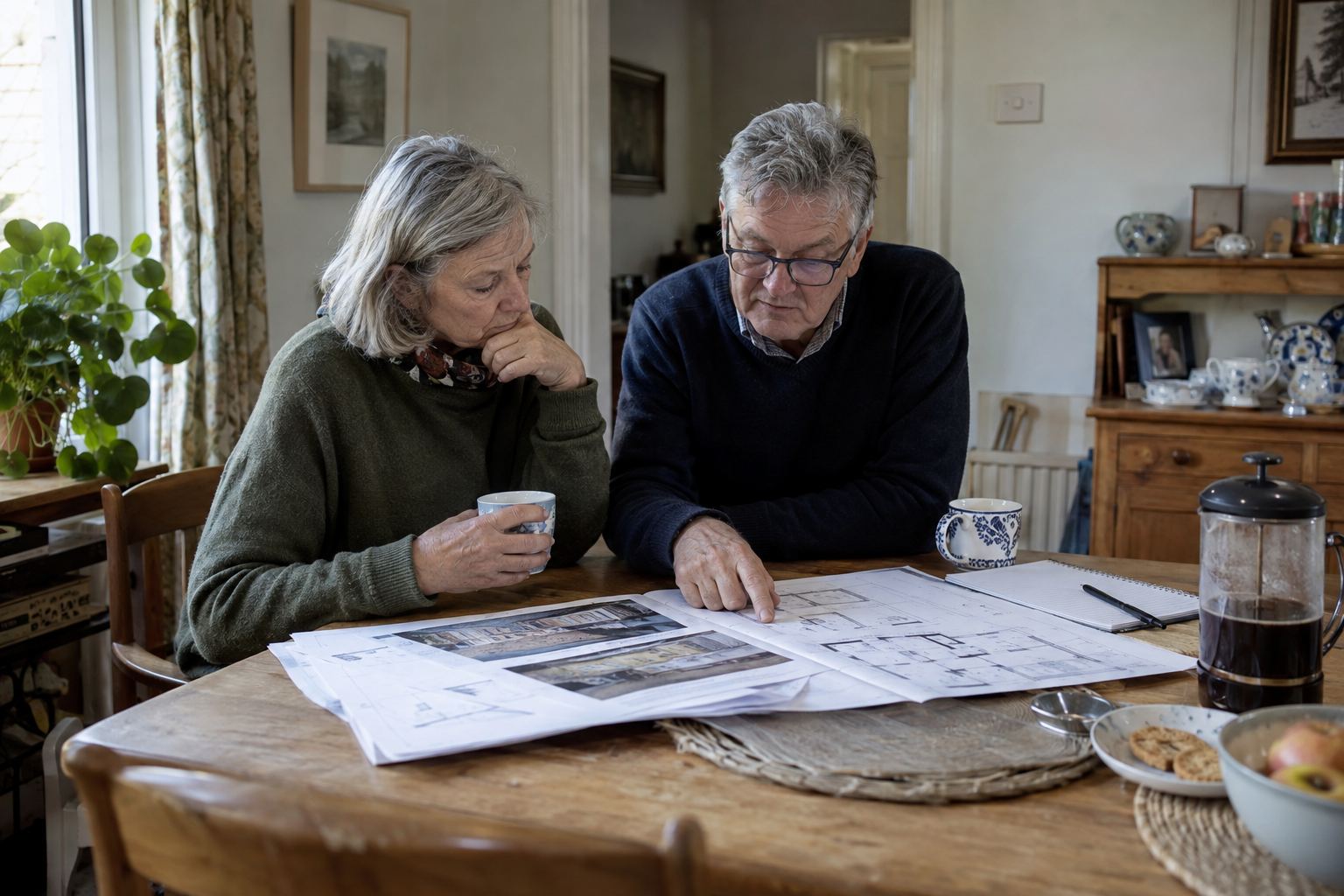 An older couple reading through documents at their kitchen table