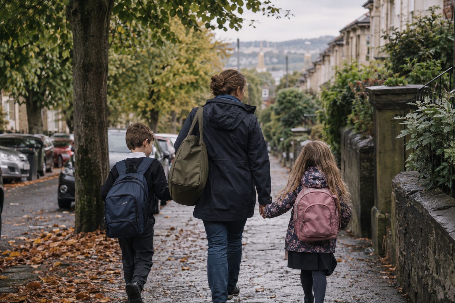 A parent walking two children along a leafy pavement with school bags