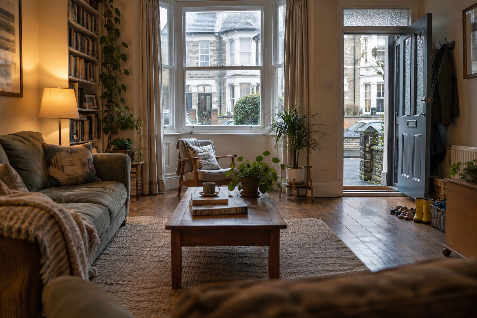 A lived-in living room with a sofa and bookshelves