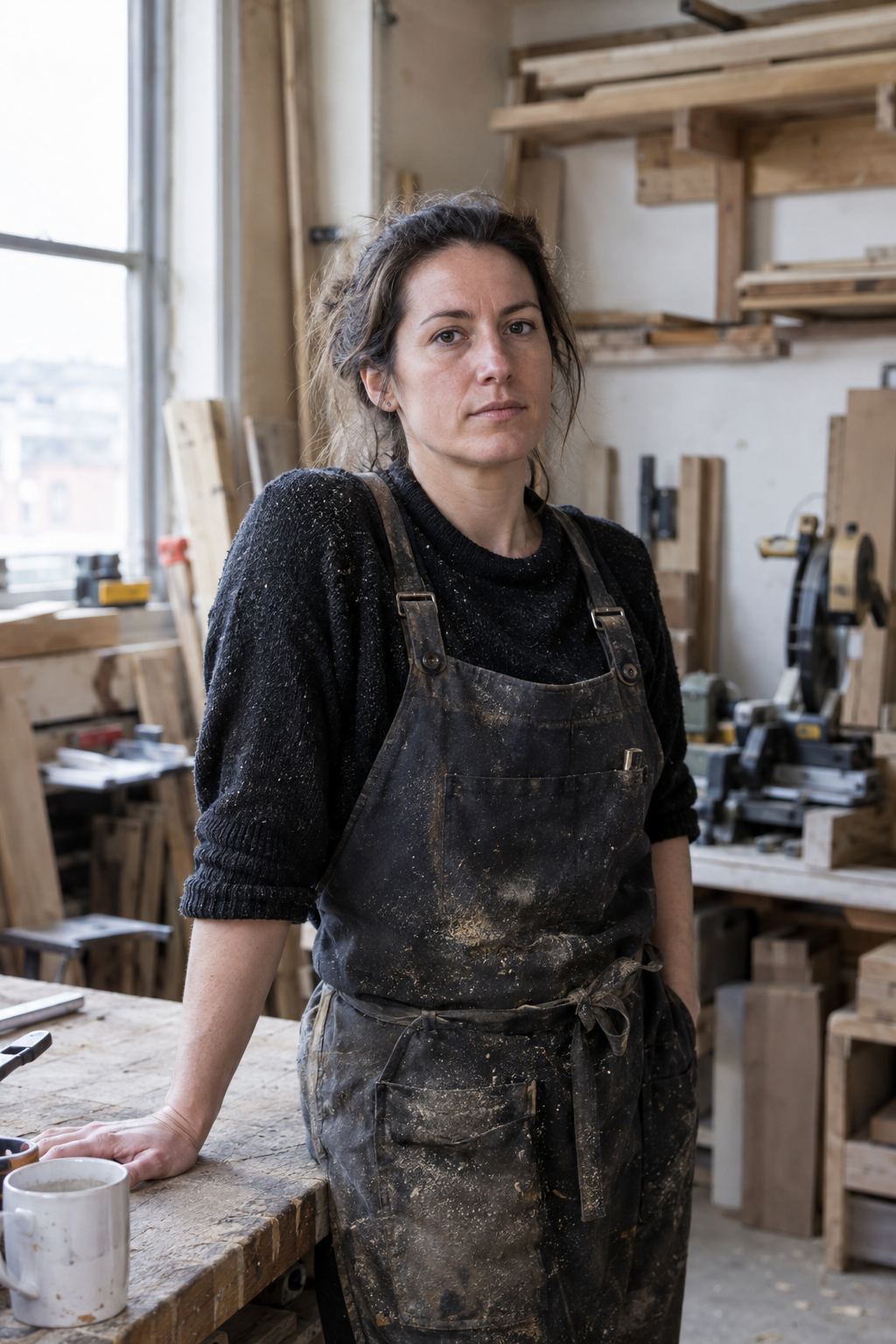 A woman in a work apron standing in a joinery workshop