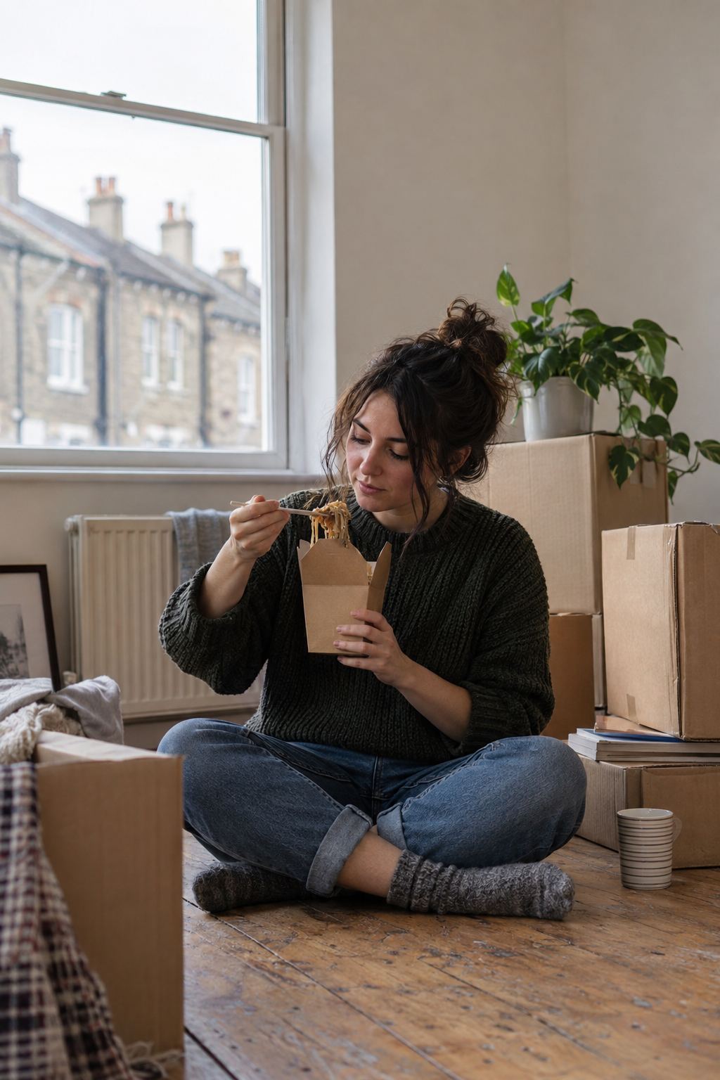 A woman sitting on the floor of an empty flat among moving boxes, eating a takeaway